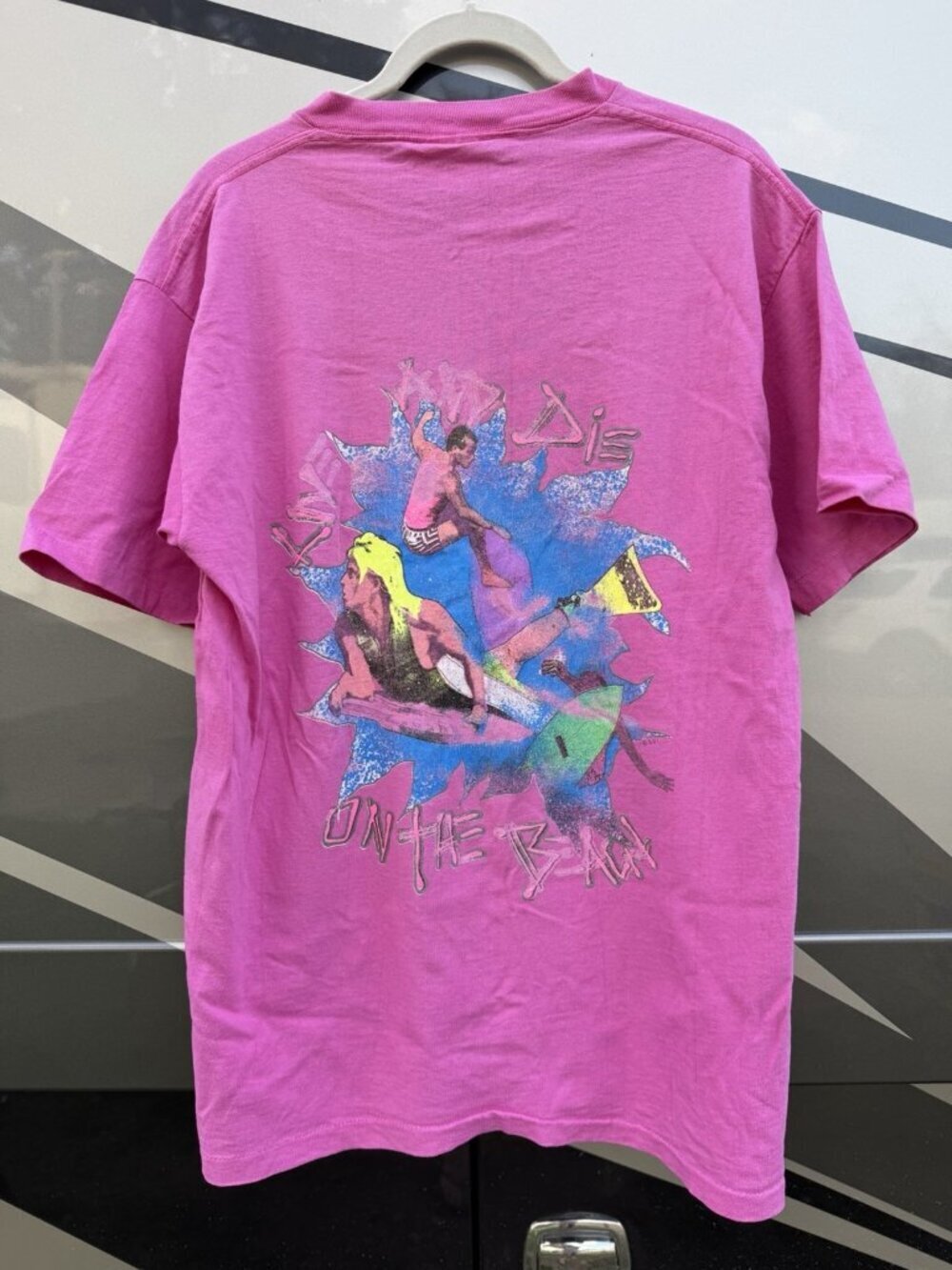 Vintage 80s Surf Gear pink neon Live and Die on the Beach tshirt L tropical